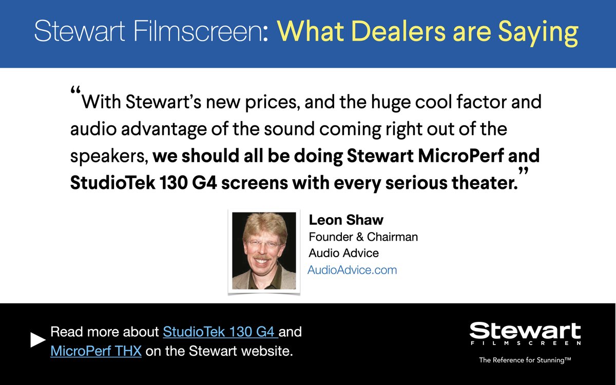 StewartFilmscrn's tweet photo. #AudioAdvice Founder and Chairman Leon Shaw is a BIG fan of #Stewart’s #StudioTek130G4 and #MicroPerf!
https://t.co/uE3avXmSV1
@AudioAdviceTul
#WhatDealersSayAboutStewart #TheReferenceForStunning #Screens #HomeTheater #AV https://t.co/WMIyMIkC6O