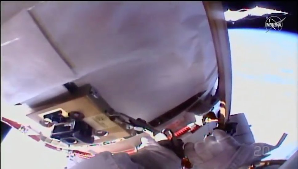 genejm29's tweet photo. #NASA #ISS #EXP63 #EVA229 #EVA66 - You can see Bob Behnken at an H-Fixture for removal, this was one of those "nice to have" tasks ahead of the work on the 3b Power Channel. https://t.co/MvD7hkxVd7