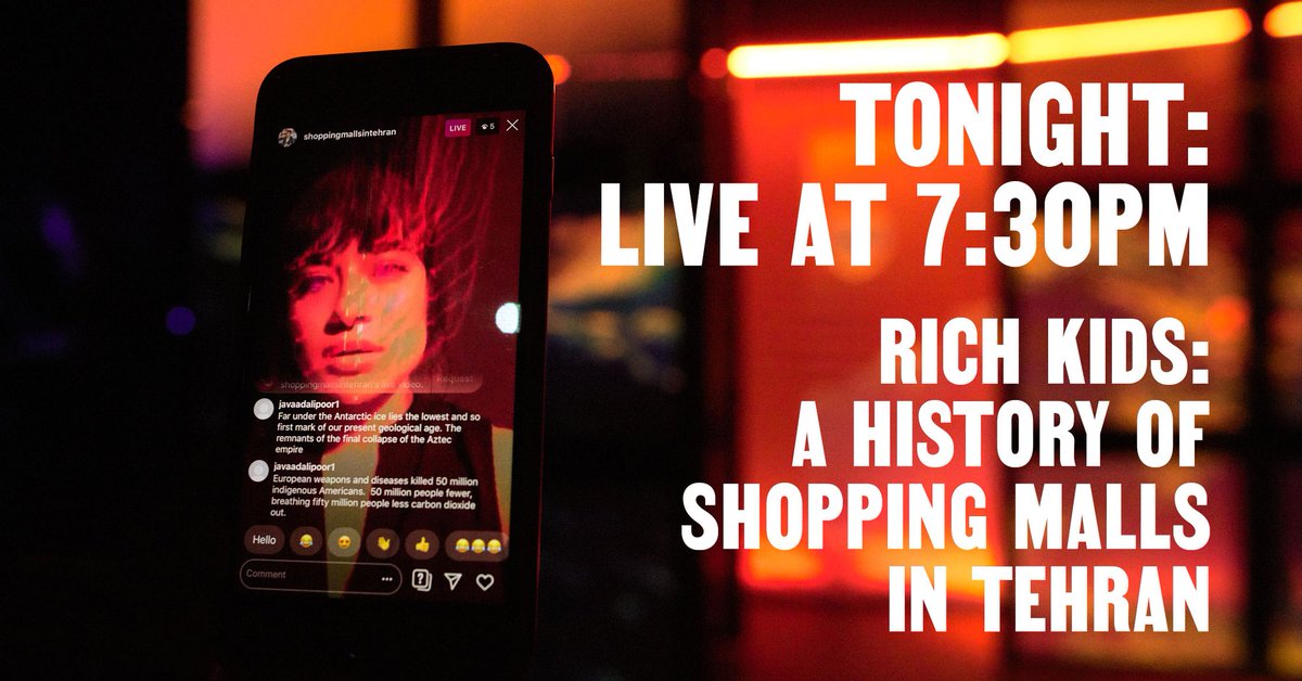 TONIGHT is your last chance to catch #RichKidsPlay by @javaadalipoor reimagined for our #BACGoingDigital season. Streaming LIVE on YouTube tonight at 7.30pm. If you're joining us, follow 'shoppingmallsintehran' on Insta. Here is tonight's link >> youtu.be/1RX6lkFlI2M