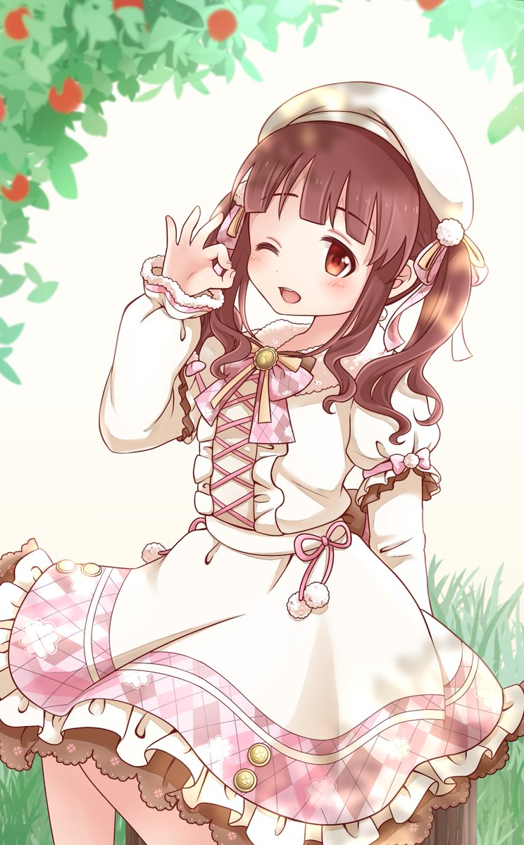 ogata chieri 1girl solo one eye closed brown hair dress twintails hat  illustration images