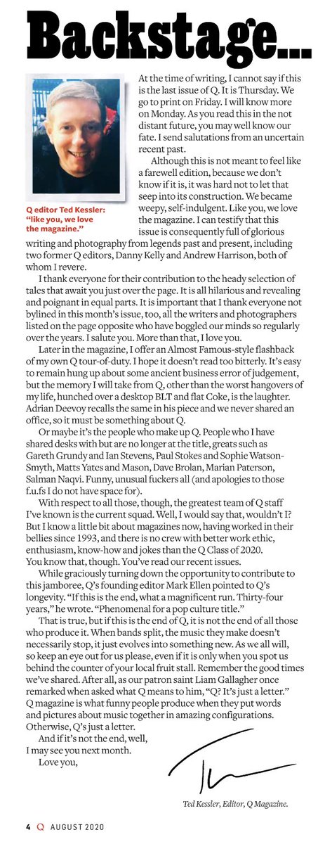 This Editor’s letter at the start of the latest edition of Q Magazine broke my heart.

It’s also a timely reminder that if you want to support something you love, you have to subscribe and keep paying for it.