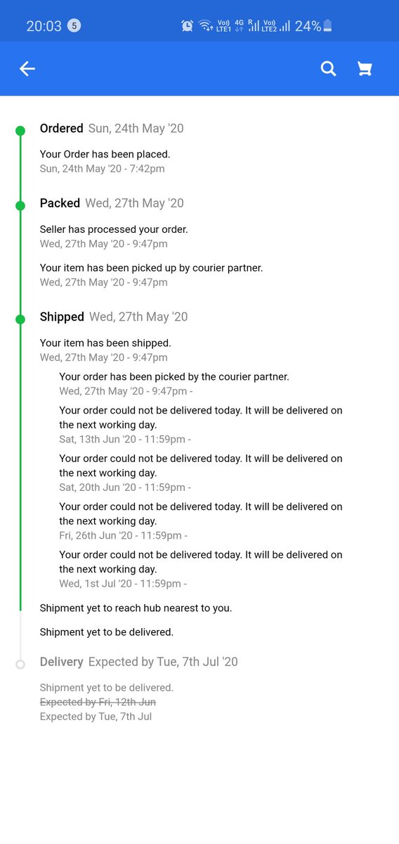 sudesh912's tweet photo. @flipkartsupport why take orders if it can't be fulfilled (completely understandable the covid times but its for all) and in addition to that a harrowing experience by not giving the option to cancel it, just look at when it was supposed to be delivered and delay trail. https://t.co/rstRA0XEvY