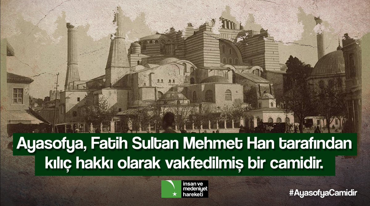genchareket's tweet photo. Ayasofya, Fatih Sultan Mehmet Han tarafından kılıç hakkı olarak vakfedilmiş bir camidir.
#AyasofyaCamidir https://t.co/VgZUFLUZRu