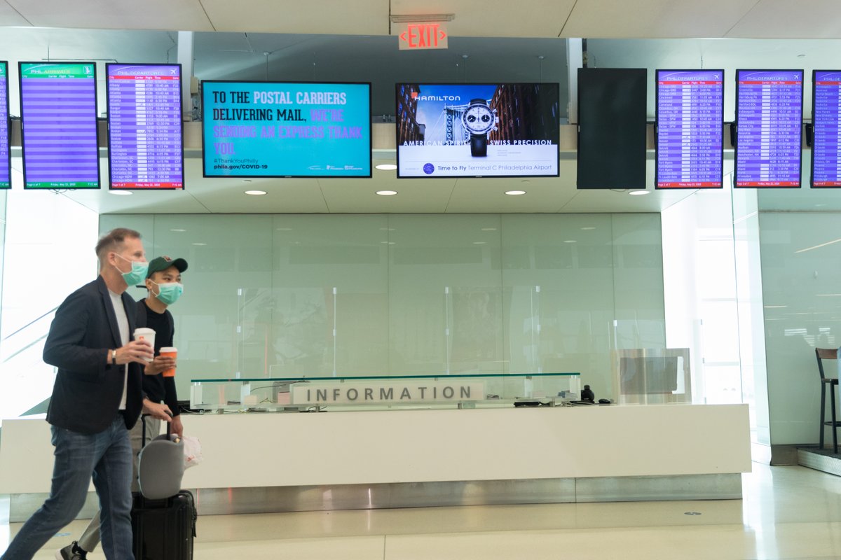 PHLAirport's tweet photo. If you are traveling from a high-case area, please self-quarantine for 14 days after you return to Philadelphia, and be mindful of restrictions in neighboring states. https://t.co/CPISquwzji (6/7) https://t.co/mZuhCHkzES