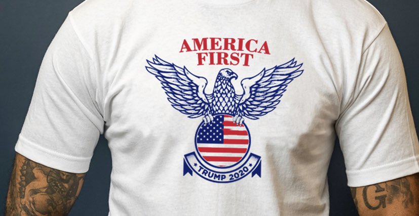 Trump & Pence are proudly displaying a Nazi-inspired shirt on their official campaign website.They are promoting genocidal imagery yet again — just days after President Trump retweeted a video of a supporter chanting “white power.”Link:  https://shop.donaldjtrump.com/products/america-first-tee-1