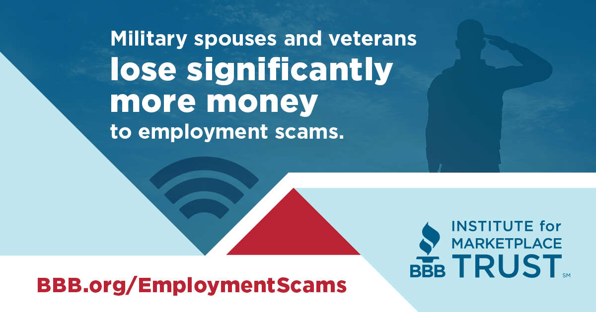 BBBofNorfolk's tweet photo. July is Military Consumer Month | A recent #BBB report shed light on those most impacted by employment scams: #militaryspouses and #veterans.
https://t.co/bIXCox358U
#MilitaryConsumerMonth 🇺🇸
#EmploymentScam #Military #MilSpouse #MilConsumer #Scams https://t.co/BfMuVlfwrj