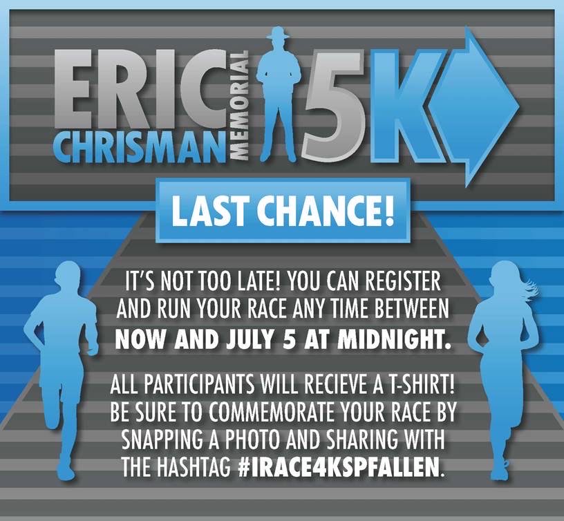 TprJackson's tweet photo. It’s not too late to register for the Eric Chrisman Run/Walk Memorial Race! Complete between now and July 5th at your convenience. Proceeds benefit Eric’s scholarship fund and Trooper Island Camp. All participants receive a t-shirt! https://t.co/l4gHDlimut @kystatepolice https://t.co/6EvszrG9fz