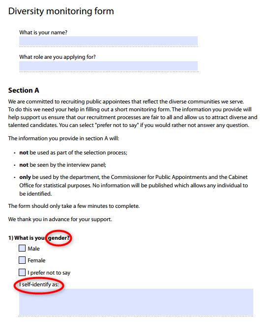 Hi  @cabinetofficeuk  @EHRC  @publicapptscomm  @GEOgovuk  @trussliz  @GEOgovuk  @CollegeofPolice The Diversity monitoring form for the position of Chair of the College of Policing asks, "What is your gender?" cc  @WeAreFairCop 1/9