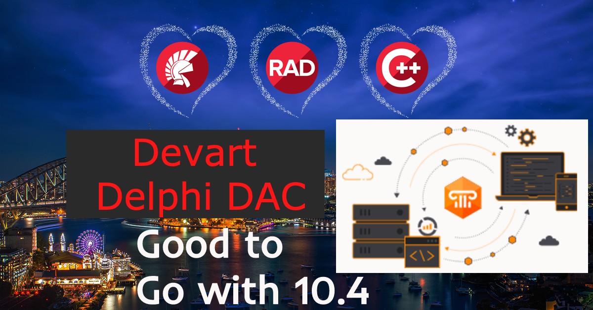 EmbarcaderoTech's tweet photo. #GoodtoGowith104 Devart Delphi DAC products now support the newly released RAD Studio 10.4 Sydney. Learn more: https://t.co/rP3Psxbi25 #Delphi104 #RAD104 https://t.co/NZUa8Pe8YO