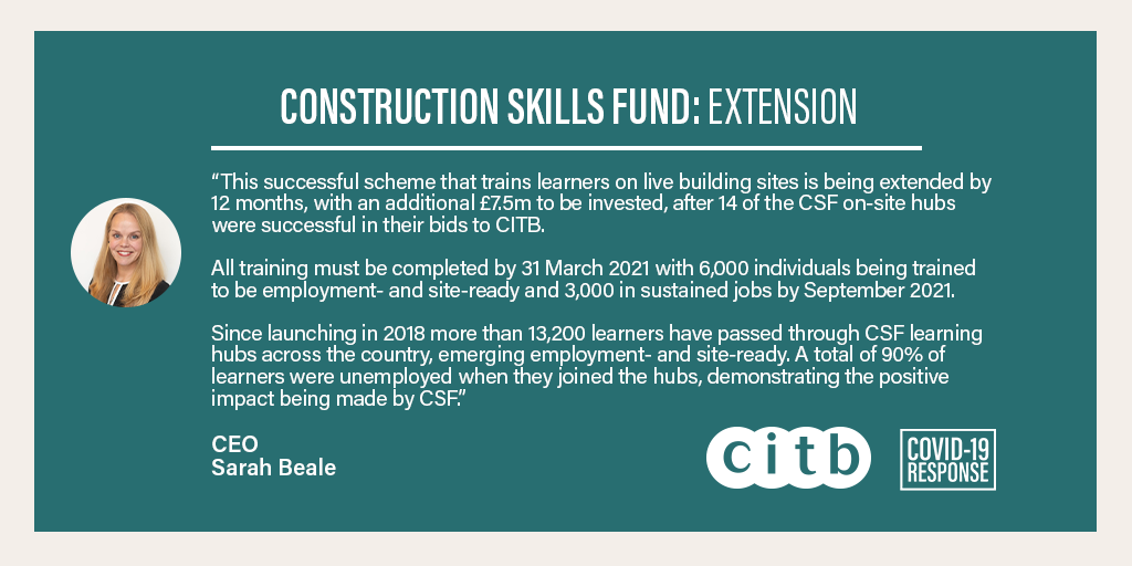 CITB_UK's tweet photo. Today’s update from @SarahB_CITB includes information on a deadline extension for applications to the current Grant Scheme; an update on our advance apprenticeship grants; and news of an extension to the Construction Skills Fund scheme.

Read more here 👉 https://t.co/COJJAoigu1 https://t.co/RFgFvDtEbj