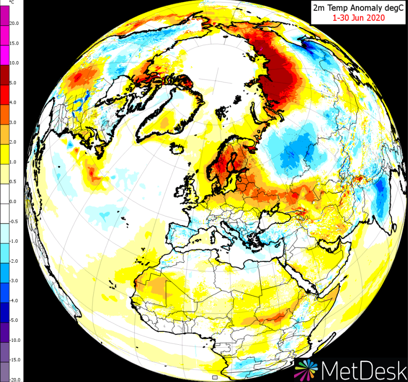 metdesk's tweet photo. Talk about mixed fortunes in June - take a look at the monthly anomalies for temperature. Really warm through NE Europe, especially Scandanavia - astonishing worrying heat for Siberia - but cool through the Med and a good chunk of W Russia. https://t.co/2CUgpSKbM5