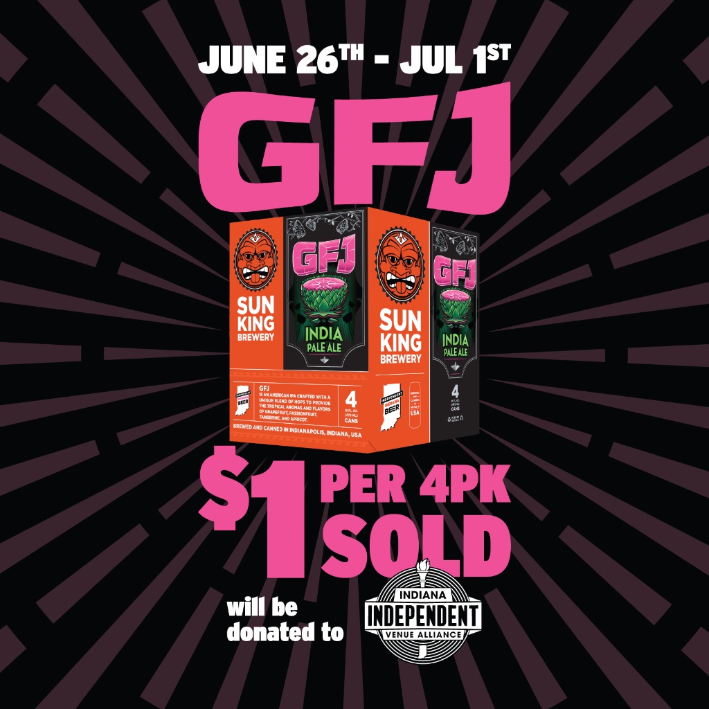 SunKingBrewing's tweet photo. Last day, 7/1, to head into Sun King and purchase GFJ 4-pack and we'll donate $1 per pack to @INVenueAlliance!

A GFJ will be mighty tasty while watching our special virtual 11th Anniversary Party tonight at 7pm- https://t.co/AevNDrFYjO 

#sunkingbrewery #freshlocalbeer #GFJ #IPA https://t.co/11pxxWEem0