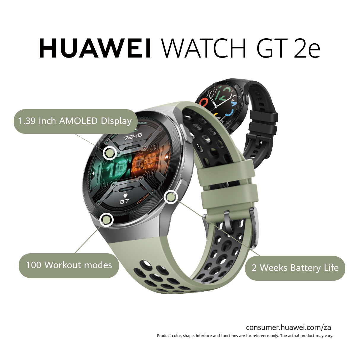 HuaweiZA's tweet photo. With advanced features and up to 14 days’ battery life, the #HuaweiWatchGT2e is the stylish accessory choice which is available in Graphite Black or Mint Green. Head to https://t.co/K8nFYv6vhU to get yours or other unmissable specials. #HuaweiWinterSale https://t.co/X57fNuhk0H