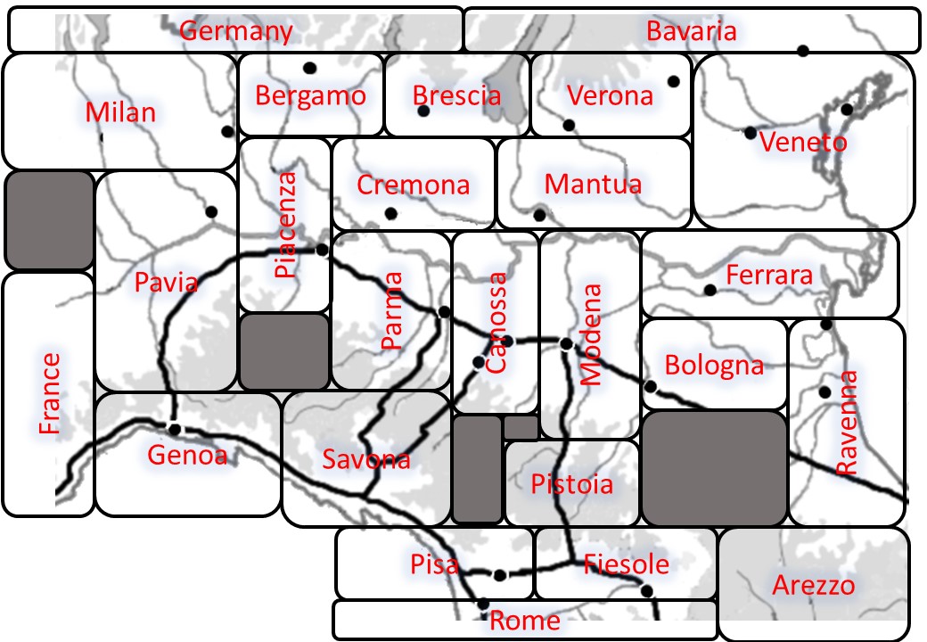 6  #MAMG20 - I use this model of pope vs emperor in a basic teaching game to introduce students to the Investiture Contest. 3 players a side, simple mechanics, the goal is to have more influence in northern Italy than your opponents. It helps with places and characters.