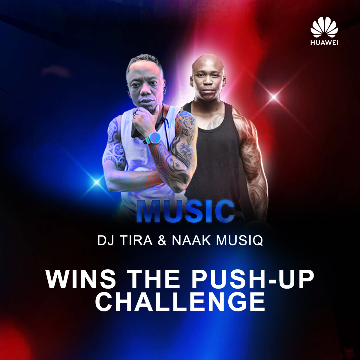 HuaweiZA's tweet photo. Congratulations to the winners of the #Huawei #PushUpChallenge, @DJTira &amp; @NaakMusiQ! 💪🏾💪🏾💪🏾💪🏾 We're inspired! 

#HuaweiWinterSale https://t.co/wLvnu528eC