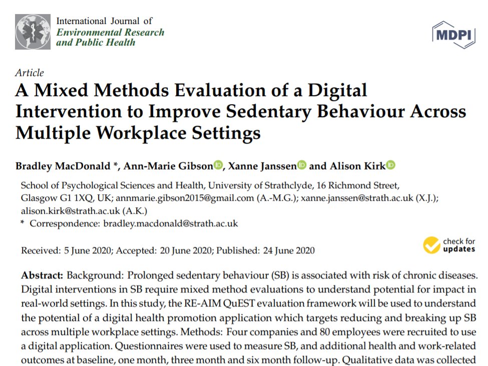 **New Publication**
 mdpi.com/1660-4601/17/1…
Take home message- Using mixed methods and the RE-AIM framework has highlighted how we can improve behaviour change, while preserving adoption, reach and maintenance at the setting level. Thinking about scale up early on is important.