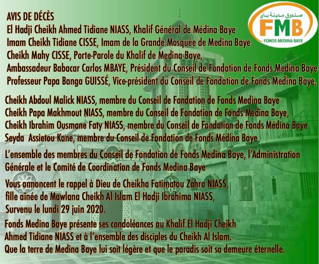 AVIS DE DÉCÈS
#FondsMedinaBaye #islam #kebetu
fondsmedinabaye.com