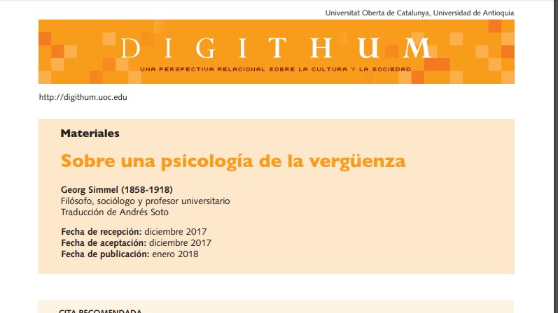 digithum's tweet photo. "Sobre una psicología de la verguenza" de #GeorgSimmel en #Digithum21
https://t.co/yQlTRyAw6B
A propósito de nuestra actual sección especial en #Digithum25 sobre análisis en clave relacional de las
#Emociones #Sensaciones y #Artefactos https://t.co/OtRLCGhUKs