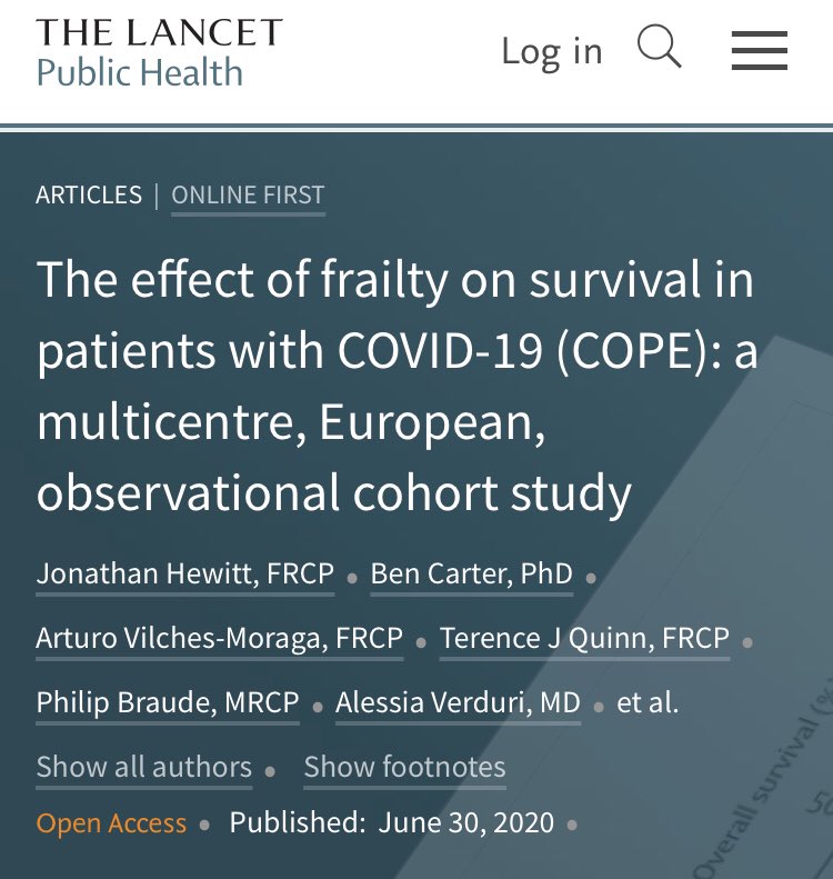 La fragilidad clínica, mejor predictor de supervivencia que la edad o comorbilidad en pacientes con COVID. Para tener en cuenta en la toma de decisiones compartidas #Bioetica #difficultconversations
thelancet.com/journals/lanpu…