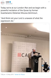 For Zemmouri remains a draw for Cage rather than an embarrassment. In 2019, it promoted him as a "powerful" Qur’an reciter at an event in London, hitting out at “oppressors”. An event in Manchester followed. 14/15