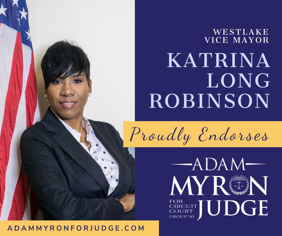 adammmyron's tweet photo. We are excited to announce Adam Myron’s most recent endorsement from Westlake Vice Mayor @KLongRobinson ! #AdamMyronForJudge #PalmBeachCounty #VoteAugust18th #MyronInTheMiddle https://t.co/M45Xm3bCX9 https://t.co/Ho4dCzBFtA