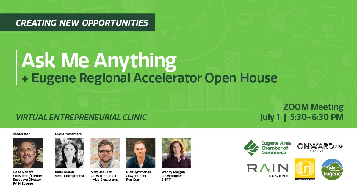 TONIGHT Ask them Anything! Startups share what they wish they knew before starting their business. Following the presentation, attendees can network and speak directly with panelists and other attendees via Zoom. eugeneorcoc.wliinc19.com/events/Ask-Me-… <a href="/UOregonLCE/">Entrepreneurship @ UO</a> @EugeneChamber <a href="/UOBusiness/">Lundquist College</a>