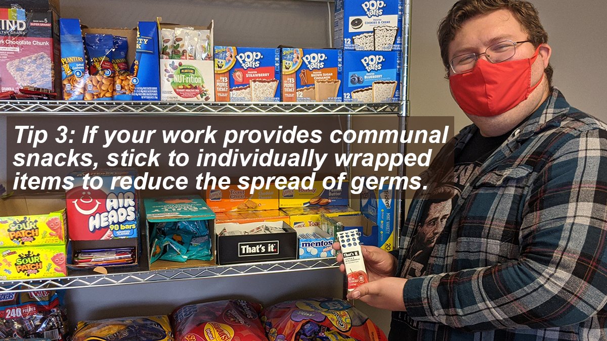FwdGameStudios's tweet photo. Today's tip is in regard to the safe consumption of communal snacks! #workhardworksafe https://t.co/hlP1mZyWvB