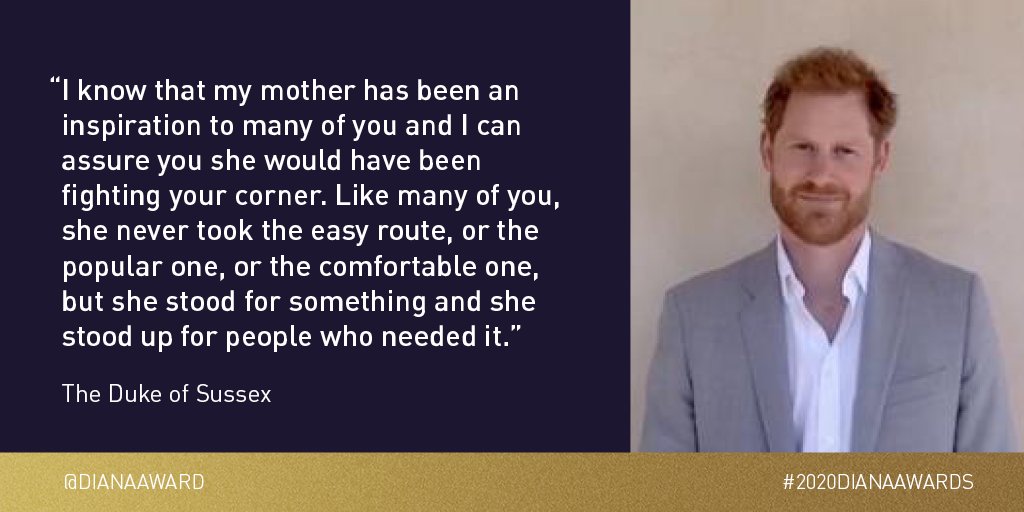 DianaAward's tweet photo. "I see the greatest hope in people like you and I’m confident about the worlds future and its ability to heal because it's in your hands."

Thank you to The Duke of Sussex for joining our #2020DianaAwards celebration. Head over to https://t.co/PFdhQpN2Mn for the full message. https://t.co/7jO1QasCC6
