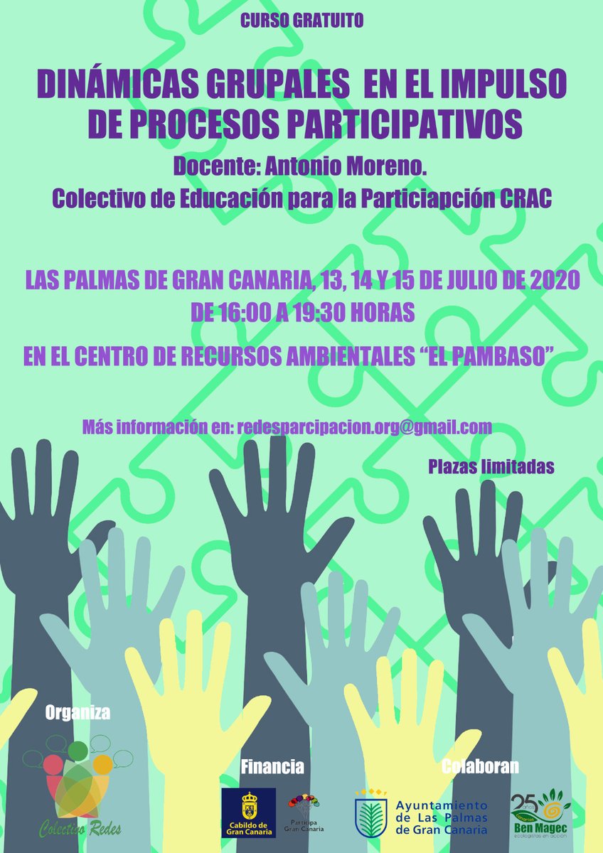 👉 Para personas que en el marco de su actividad trabajan con grupos en procesos participativos. Inscríbete en este enlace: ➡️forms.gle/3bfhqtDrw85vuP…. 

<a href="/ColectivoREDES/">ColectivoRedes</a>
<a href="/GranCanariaCab/">Cabildo Gran Canaria</a> 
@AyuntamientoLPA 
<a href="/BenMagec/">Ben Magec</a>