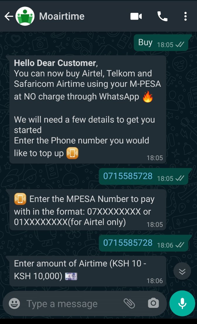 ALVAN_MURIGU's tweet photo. @moAirtime allows purchasing of airtime from Telkom, Safaricom or Airtel through WhatsApp.
Simple buying process and zero transaction charges.
Click https://t.co/pxPl8McNNX OR Save 0779222777 as moAirtime then send the word BUY to moAirtime through WhatsApp
#moAirtime https://t.co/nBoGAPvQ4S