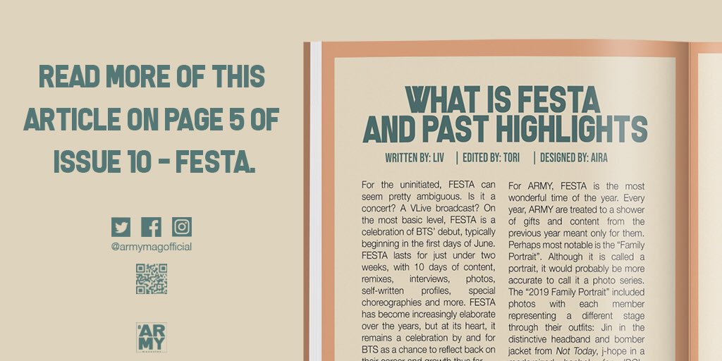 ARMYMAGofficial's tweet photo. #ARMYMAGAZINE is BACK with our brand NEW #FESTA_ISSUE10 to celebrate @BTS_twt' 7th Anniversary together with #BTSARMY!๐
Are you curious about the past #FESTA & #BTS highlights and more?
Then dive into our #AM_Issue10 article written by our international team!๐
#Issue10IsHere https://t.co/nOzcxhWBr6