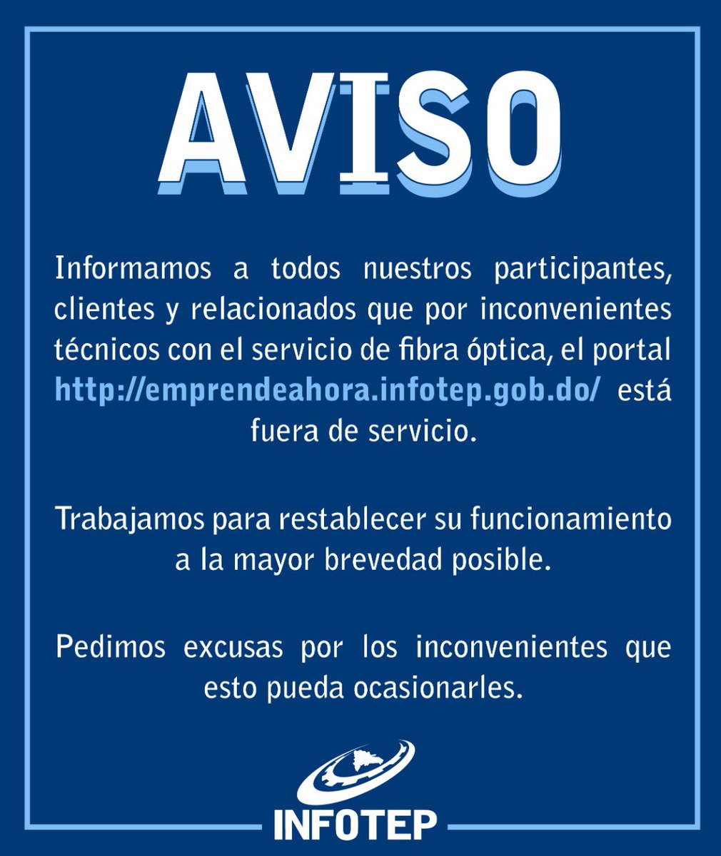 InfotepRD's tweet photo. AVISO: Portal #EmprendeAhora del #INFOTEP https://t.co/fYskPl3T0h