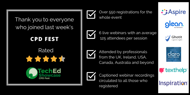 TechEdology's tweet photo. Thank you to everyone who joined our #CPDFest webinars last week, helping us to make it our biggest CPD Fest yet!
Thanks also to our excellent presenters from @texthelp @aspiresoftltd @ClaroSoftware @Sonocent @Ghotit and Inspiration.
#AT #Edtech #CPD #AssistiveTech #HE #FE https://t.co/YvLSi3HIWK
