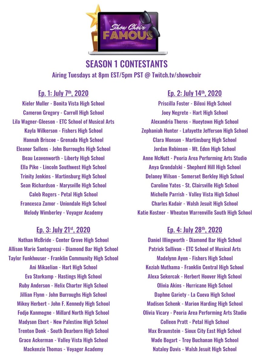 ✨🌟 Here's the list!! 🌟⚡️✨
*52* amazing singers from all over the country have made it on the show - tune in starting THIS TUESDAY to cheer on your favorites and discover new and incredible show choir talent to stan! 🤩