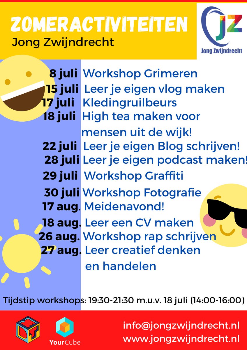 SUMMER ’20😎☀️

Deze zomer hebben we een hoop toffe workshops en activiteiten gepland!🔥

Met als aftrap leren grimeren op 8 juli @ Moermond 57❗️🤡

Aanmelden kan via mail of een DM!😁

#Zomer2020 #Activiteiten #Jongeren #SamenSterk #MDT #Zwijndrecht #HendrikIdoAmbacht