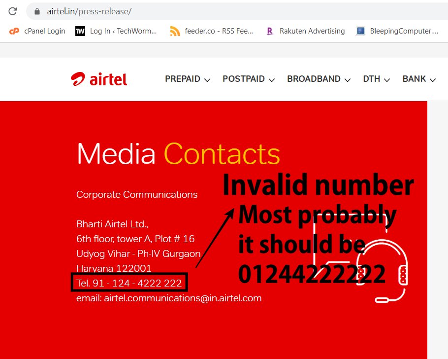 abhishekmdb's tweet photo. @airtelindia Airtel India shares these contact details with media/press on their official website.

A phone number that is invalid and an email address that can't be found or most probably does not exist.

https://t.co/nNRxgn09d1 https://t.co/2l9XlhlMqe