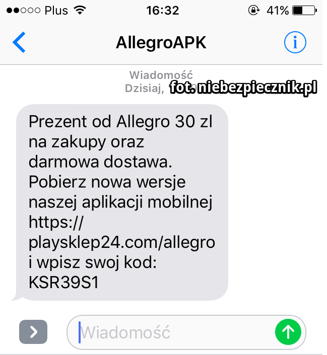 UWAGA!  Przestępcy właśnie zaczęli rozsyłać fałszywe SMS-y podszywając się pod Allegro. 

Prezentu nie ma, jest za to infekcja telefonu i strata wszystkich pieniędzy z konta w banku.

niebezpiecznik.pl/post/uwaga-na-…

Ostrzeżcie znajomych, pls RT!