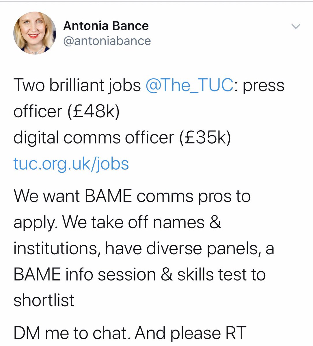 . @The_TUC is hiring a digital comms officer and a press officer (£35k, £48k respectively) and encourages ethnic minority applicants.  @antoniabance has her DMs open if anyone wants to chat. Details here  https://www.tuc.org.uk/jobs?tid=All&nbsp;