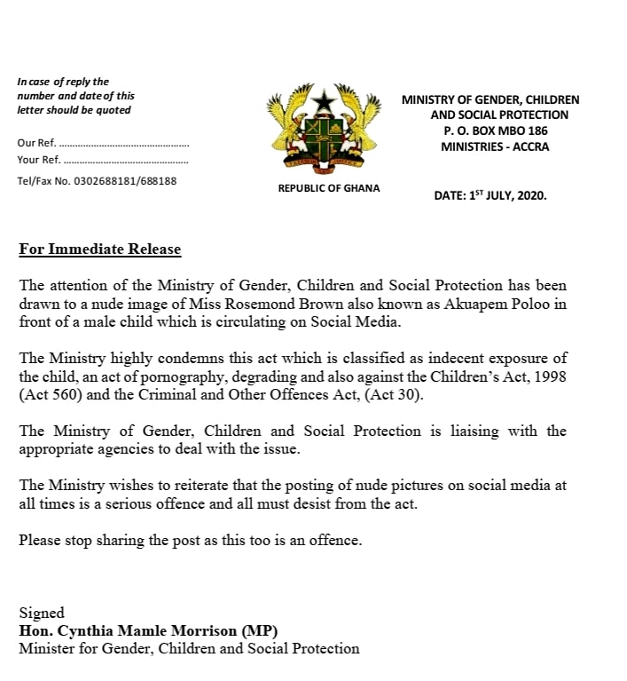 YAWCAfrica's tweet photo. Ghana 🇬🇭

The @MoGCSP_Ghana has released a statement on Akuapem Poloo's indecent exposure of her son.
We will certainly sanitise the system.
Thank you very much Hon. Cynthia Mamle Morrison for the timely intervention. https://t.co/AAt9Womrk6
