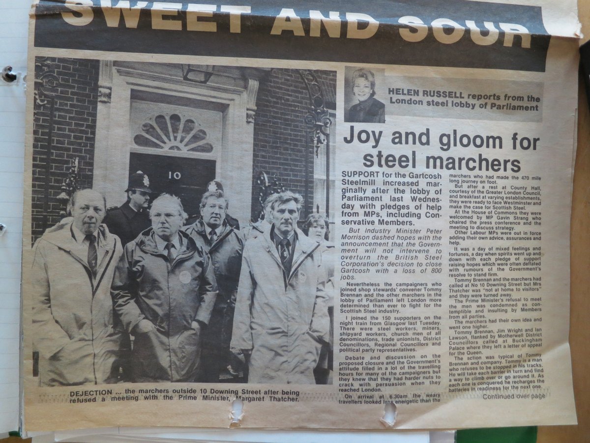 5/15 When the Gartcosh cold mill was threatened in 1985, the ‘Save our Steel’ (SOS) campaign was launched, bringing together local people & trade union/political leaders to fight the closure plans. There was even a march to London to appeal to both Thatcher & the Queen  #SWOS20