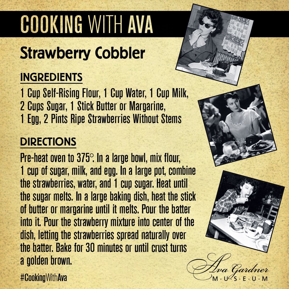 AvaMuseum's tweet photo. Looking for dessert recipes for your July 4th family cookouts? Get #CookingWithAva with this Strawberry Cobbler recipe for a little something red to bring to the table.
#AvaAtHome #MuseumFromHome #TCMParty #AvaGardner #RedWhiteAndBlue #July4th #Recipes https://t.co/p4B8uG9n1y