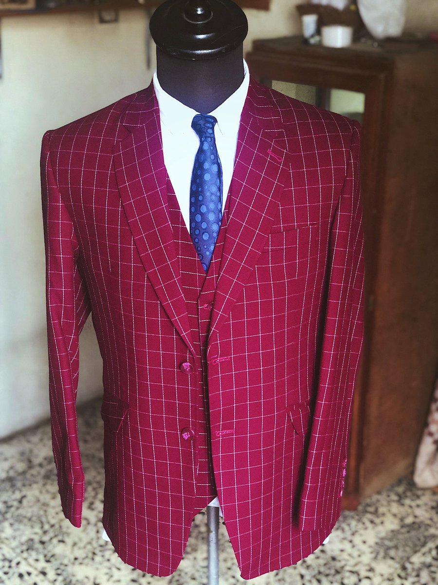 Done for the Day We had this Beautiful Wine Checkered 3-piece SuitTAILOR MADE IN NIGERIA!  We are making sure Everyone can get well made & Affordable suits whenever they want!Do Share for your Timeline Have a splendid evening Family.