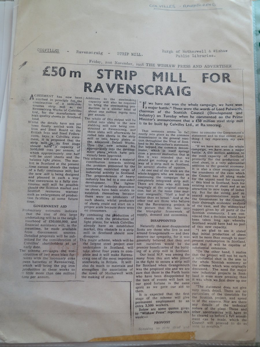 2/15 On the expectation that steel demand would continue to rise, and wishing to deal with persistent unemployment in postwar Lanarkshire, Colvilles was given £50 million government loan to construct a modern hot strip mill, which opened in stages from the late 1950s  #SWOS20