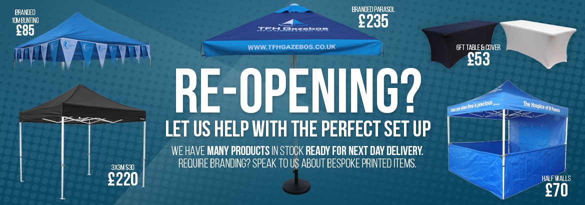 Planning to re-open? Let us help with your perfect set up. From pop-up gazebos in various strengths and sizes, A-frames with posters, 10m branded bunting or personalised parasols we have lots of products to create your ideal set up. Plus various stock for next day delivery.