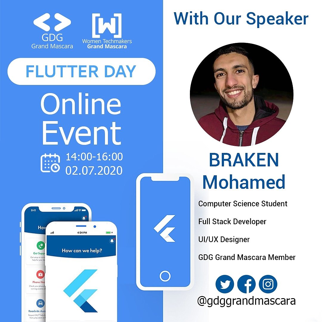 GdgGrandMascara's tweet photo. We are happy to announce our Flutter Day speakers 🥳🤩📣🎉🎊: 
💻Mohamed Essedik BRAKEN
💻Kaouther HABIB
#FlutterDayMeetups https://t.co/IFzVDjQ54z