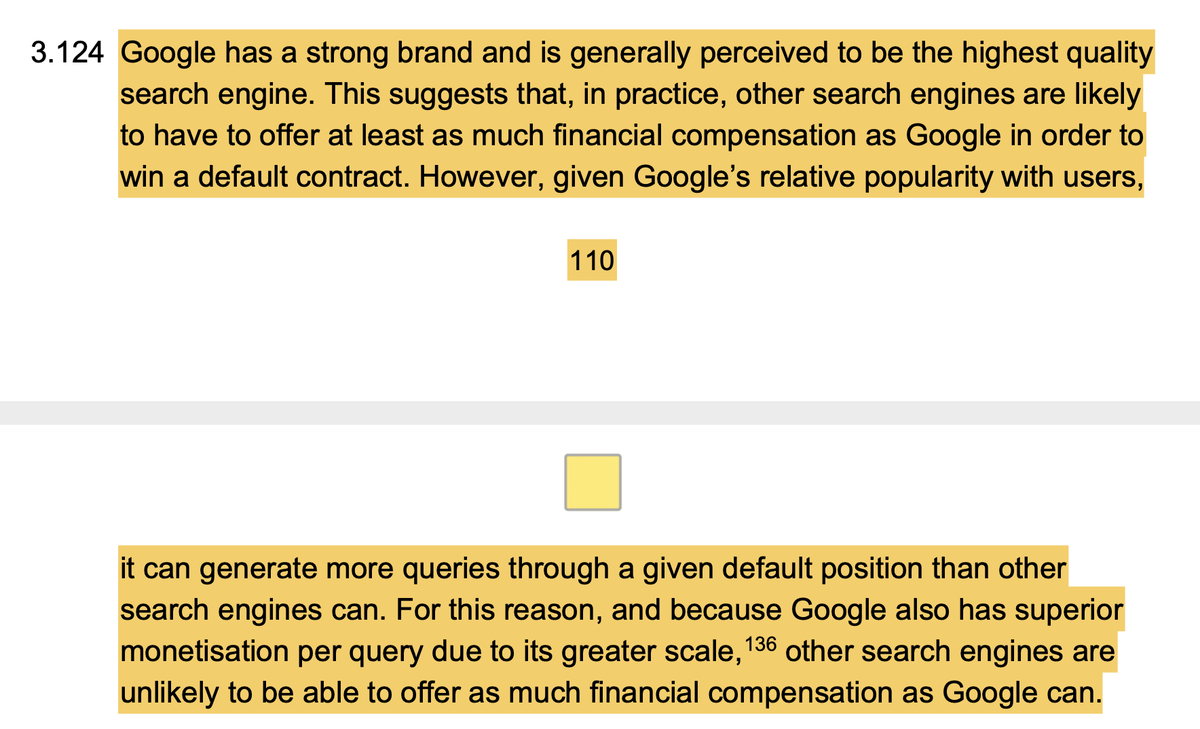 Again and again the CMA writes as if Google Search being a good product is itself anticompetitive. Eg here, where the CMA complains that consumers preferring Google means that other search engines have to pay more for default positions.
