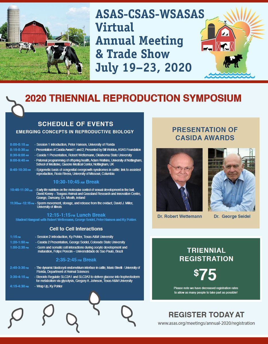 ufpjhansen's tweet photo. Join us for the 2020 Triennial Reproduction Symposium at  ASAS-CSAS-WSASAS.  We will hear lectures from Bob Wettemann &amp; George Seidel as Casida Award winners &amp; talks from engaging speakers on emerging concepts in reproductive biology #reprorocks @CritterChatter. Please retweet https://t.co/PK6Aum21FT