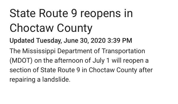 MHPTroopG's tweet photo. Thank you MDOT for your hard work over the past few months in repairing MS 9 in Choctaw Co. A job well done. https://t.co/oBX9HJqlCG