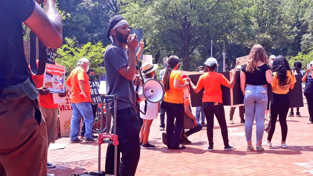 Right now speakers are voicing against not just evictions but the concepts of rent with predatory landlords and communities affected by poverty. Groups include Virginia Student Power Network, New Virginia Majority, and Leaders of the New South. Speaking now is Omari!