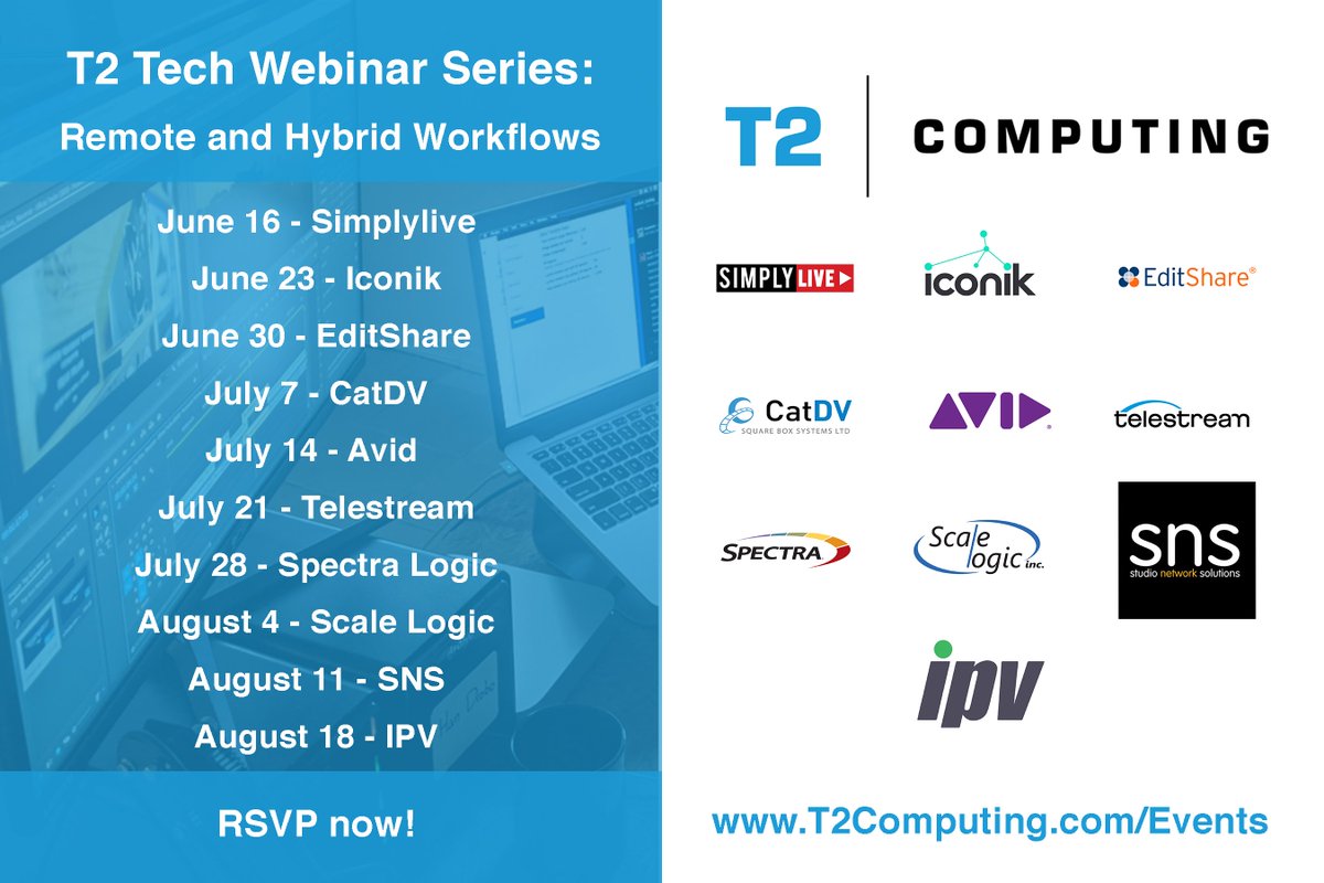 T2ComputingInc's tweet photo. Next Tuesday 7/7: @CatDV_MAM joins us as our featured partner on the T2 Tech Webinar Series focused on Remote &amp; Hybrid Workflows!

We will be taking a look at CatDV’s new collaboration and automation tools!

Reserve your spot TODAY: https://t.co/9W3TI98BPk

#t2computing #remote https://t.co/uUwvKGMuKG